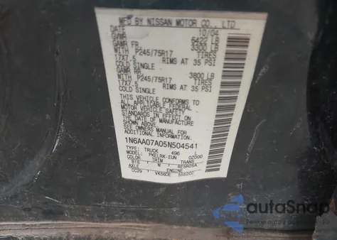 2005 Nissan Titan Xe z USA, uszkodzony, nr VIN 1N6AA07A05N504541